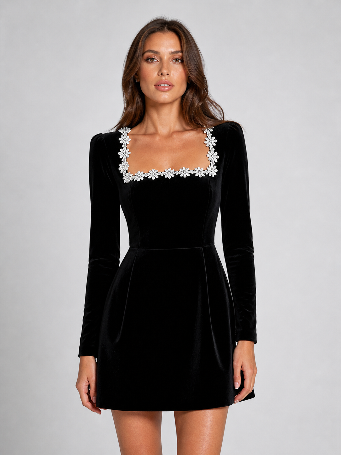 Women's Velvet Mini Dress – Crystal Embellished Square Neck Evening Dress