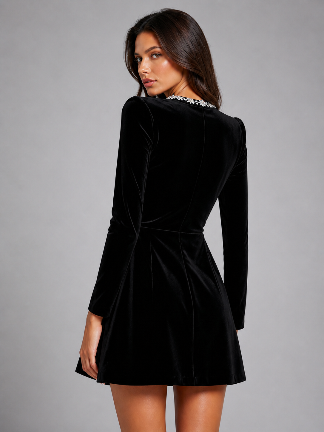Women's Velvet Mini Dress – Crystal Embellished Square Neck Evening Dress