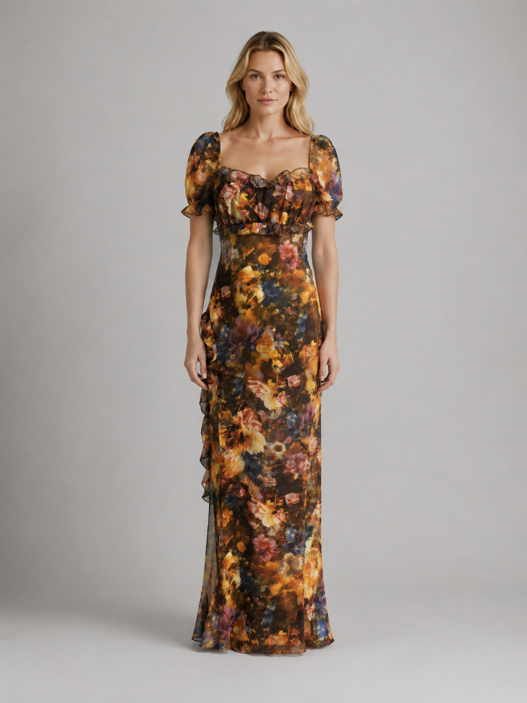Women's Vintage Floral Mesh Maxi Dress – Ruched Slit Silhouette