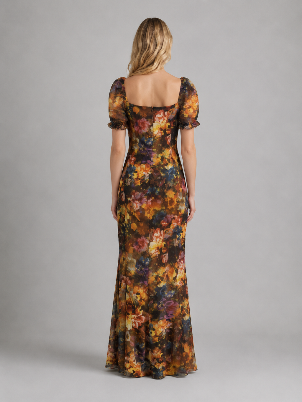 Women's Vintage Floral Mesh Maxi Dress – Ruched Slit Silhouette