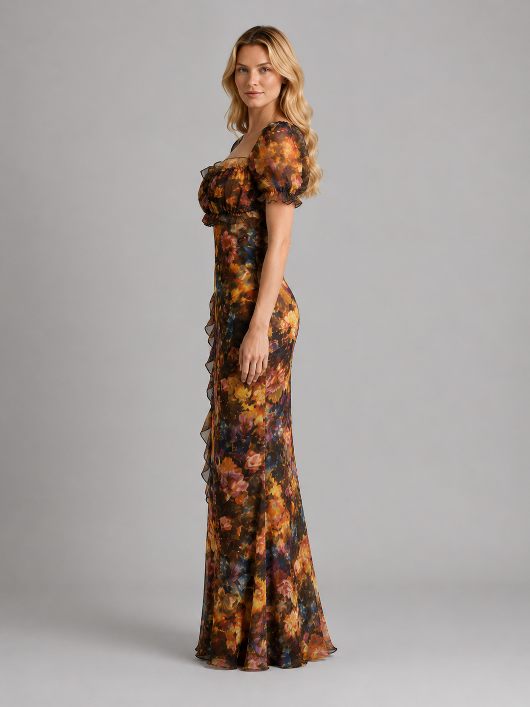 Women's Vintage Floral Mesh Maxi Dress – Ruched Slit Silhouette