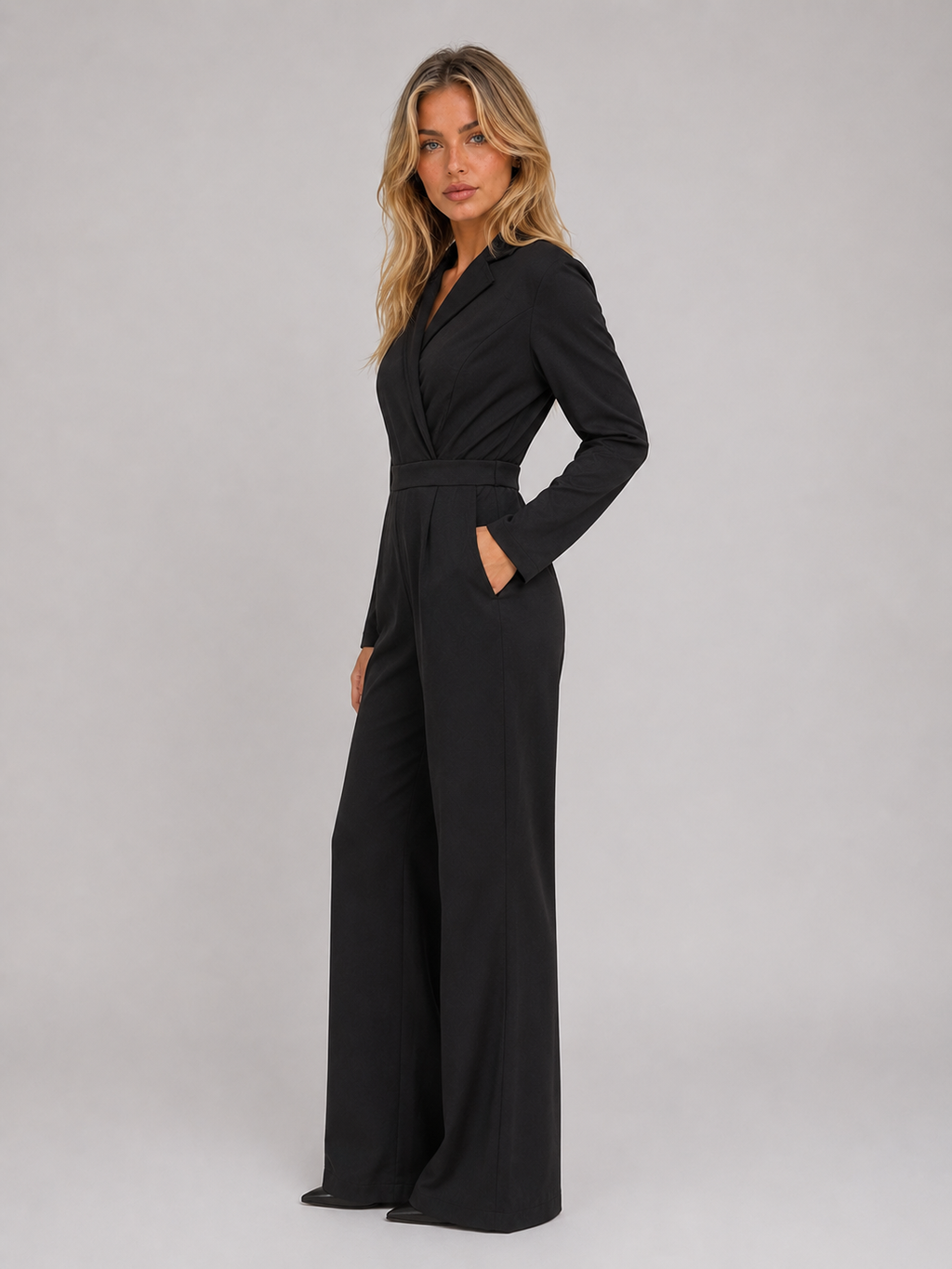 Women’s Wide Leg Jumpsuit – Wrap Front Belted Tailored Suit