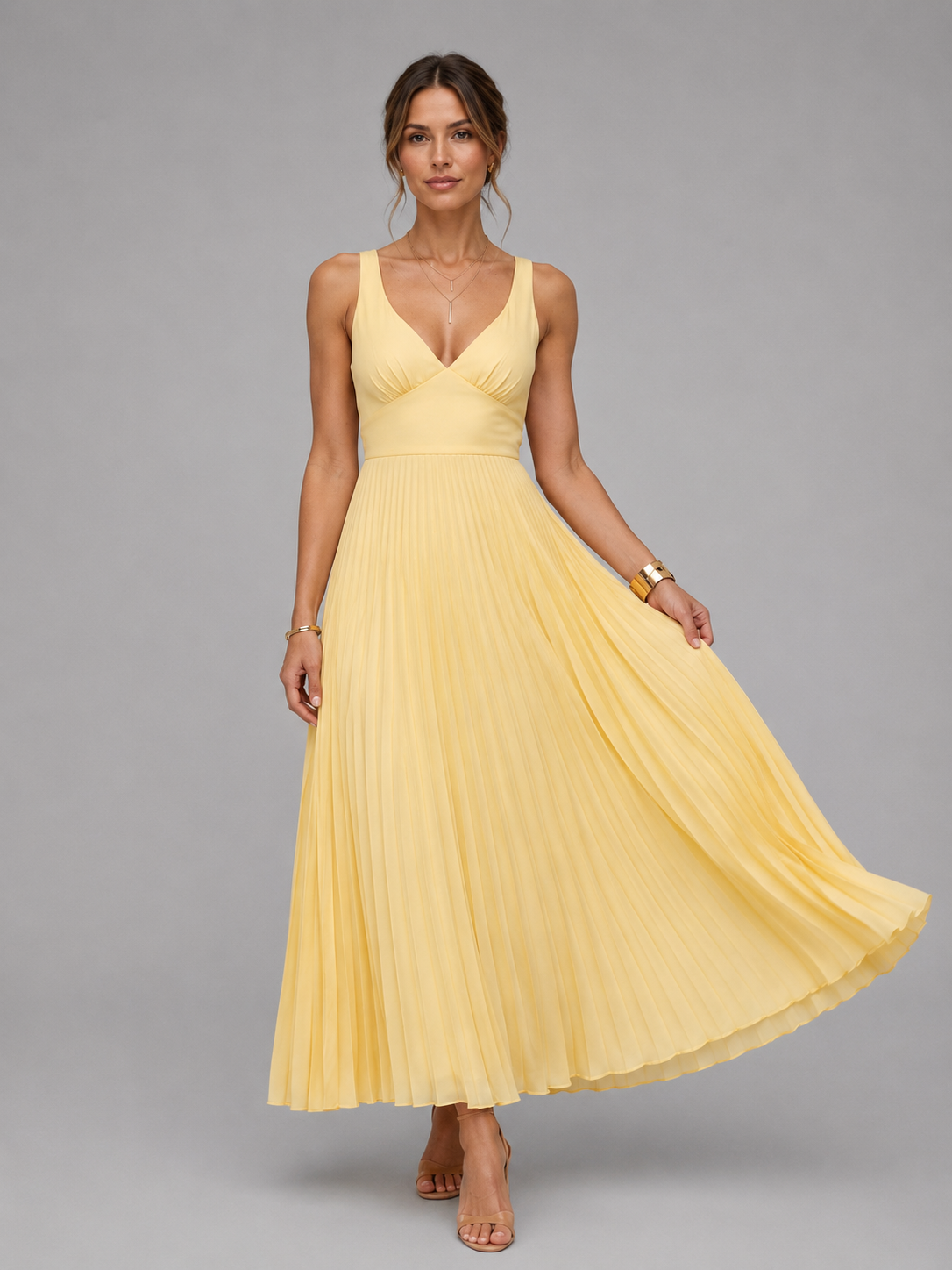 Women’s Satin Feel Pleated Maxi Dress – Elegant Occasion Style