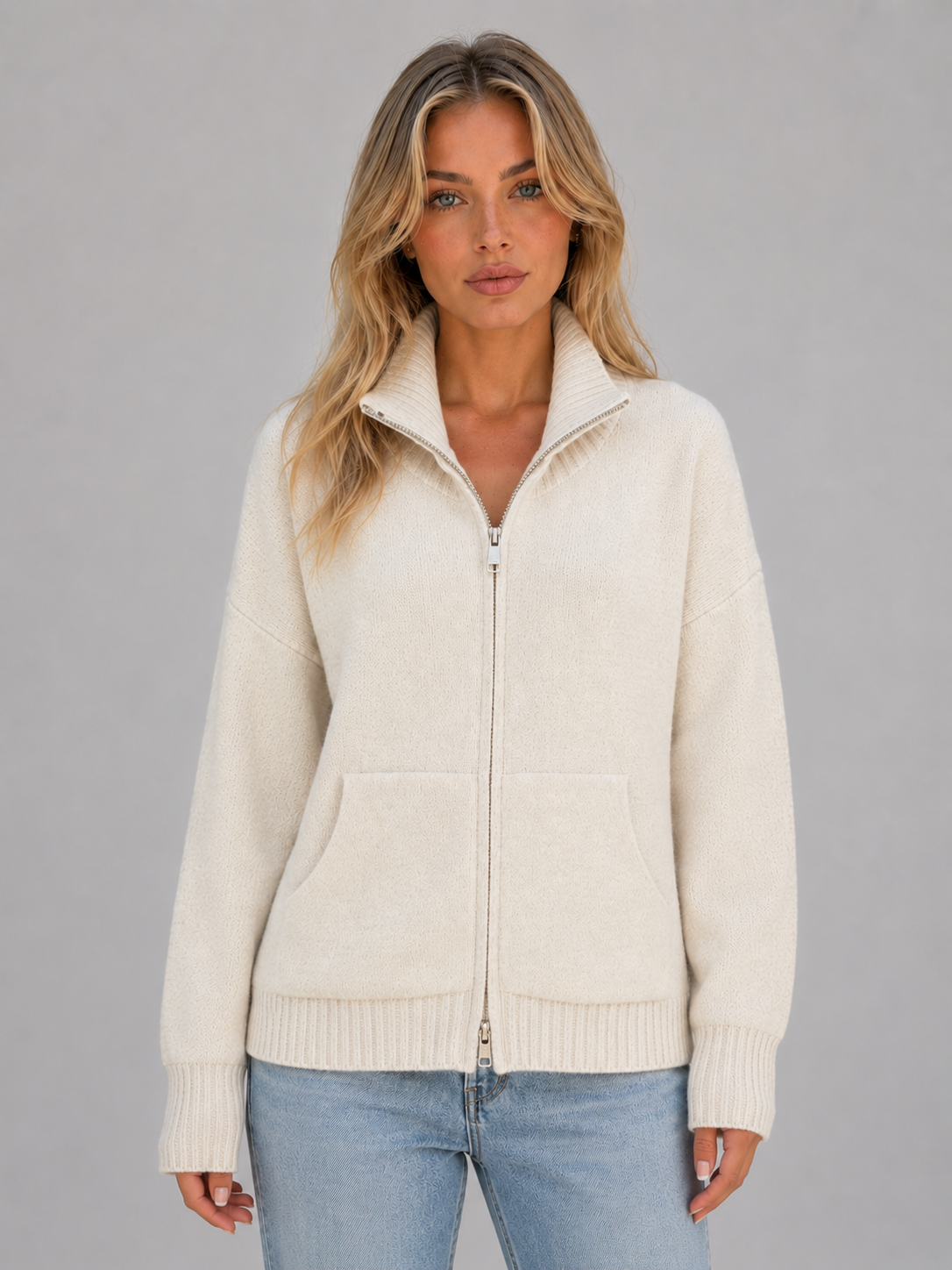 Women's Zip Up Knitted Cardigan – Soft Funnel Neck Knit Jacket