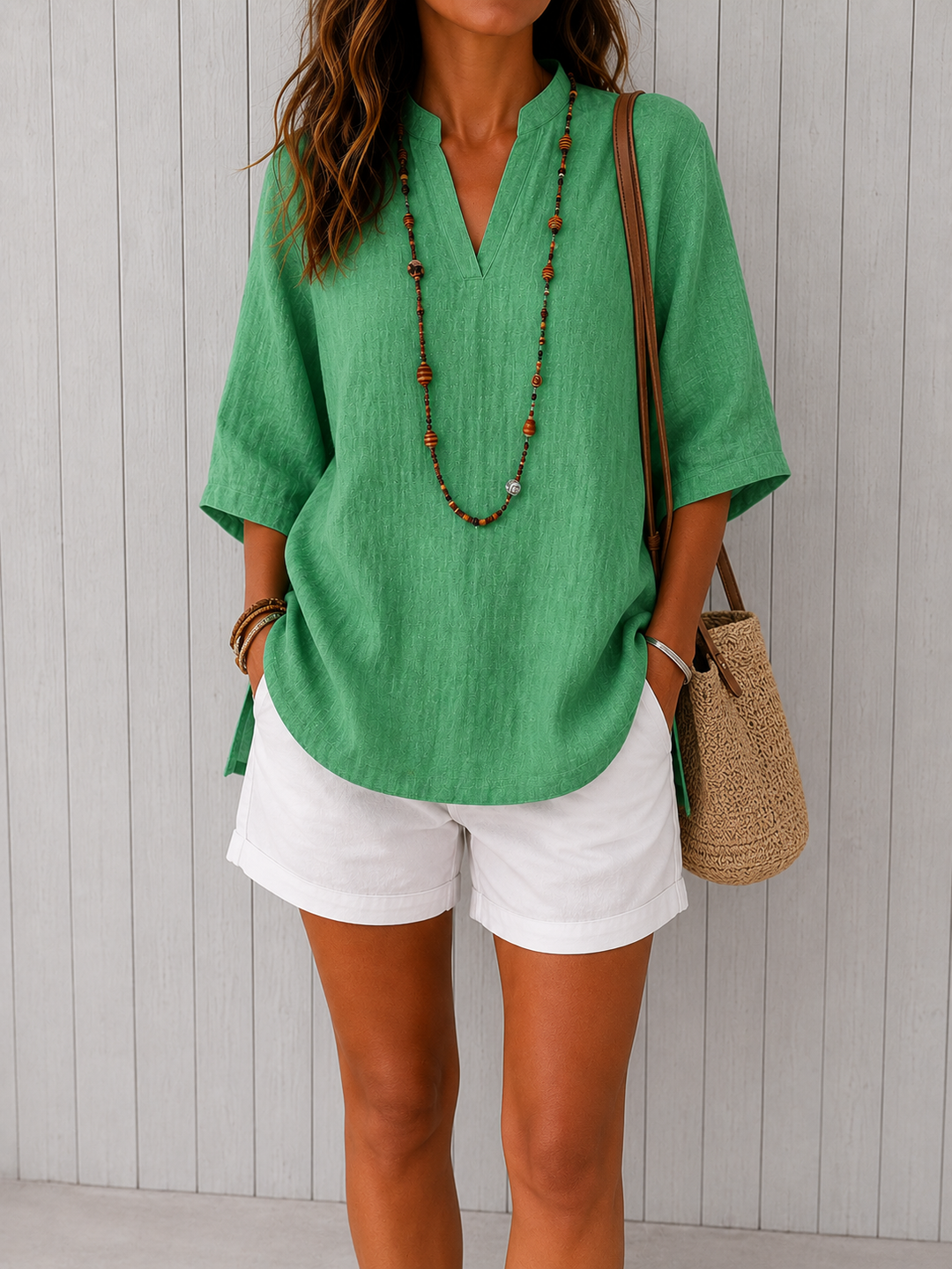 Women's Elegant Spring Blouse – Denim Flowing Design in Green