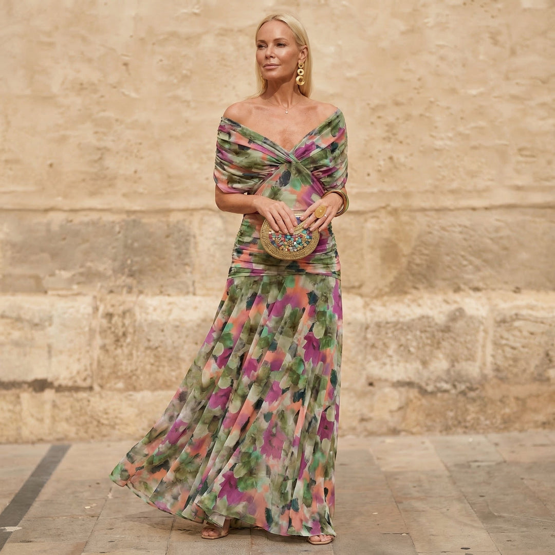 Women's Pleated Elegant Maxi Dress – Printed Flowing Style