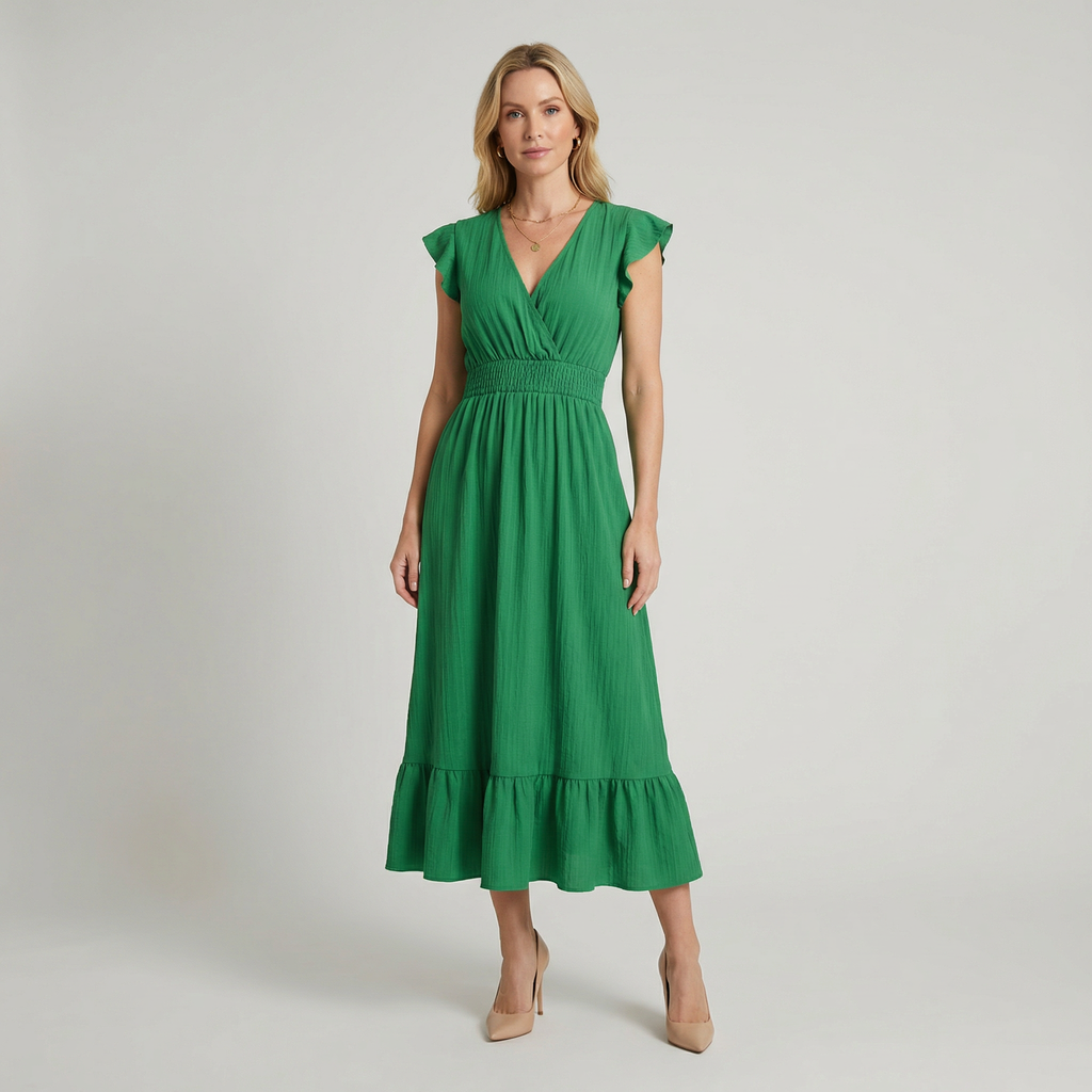 Women’s V-Neck Midi Dress – Shirred Waist Elegant Summer Fit
