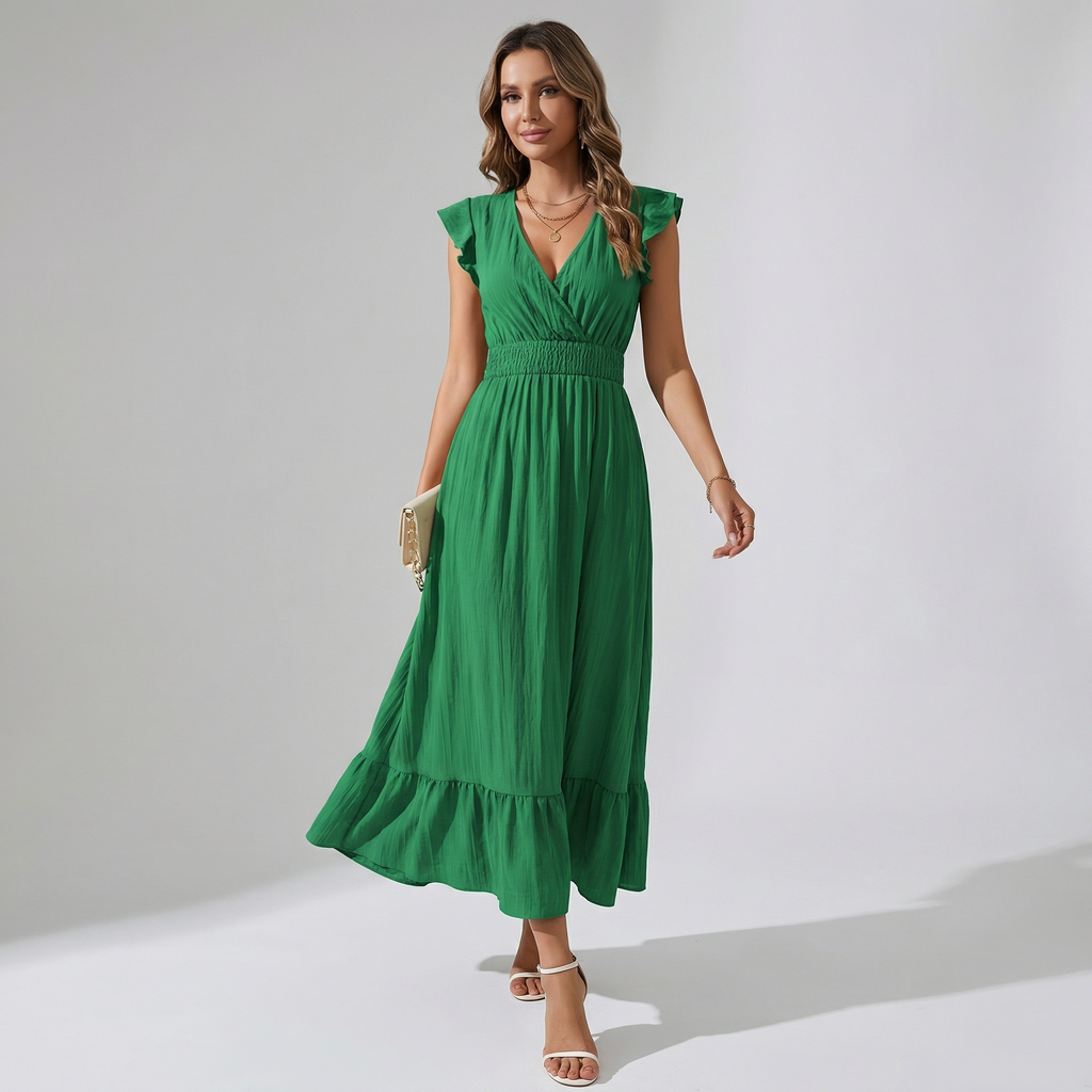 Women’s V-Neck Midi Dress – Shirred Waist Elegant Summer Fit