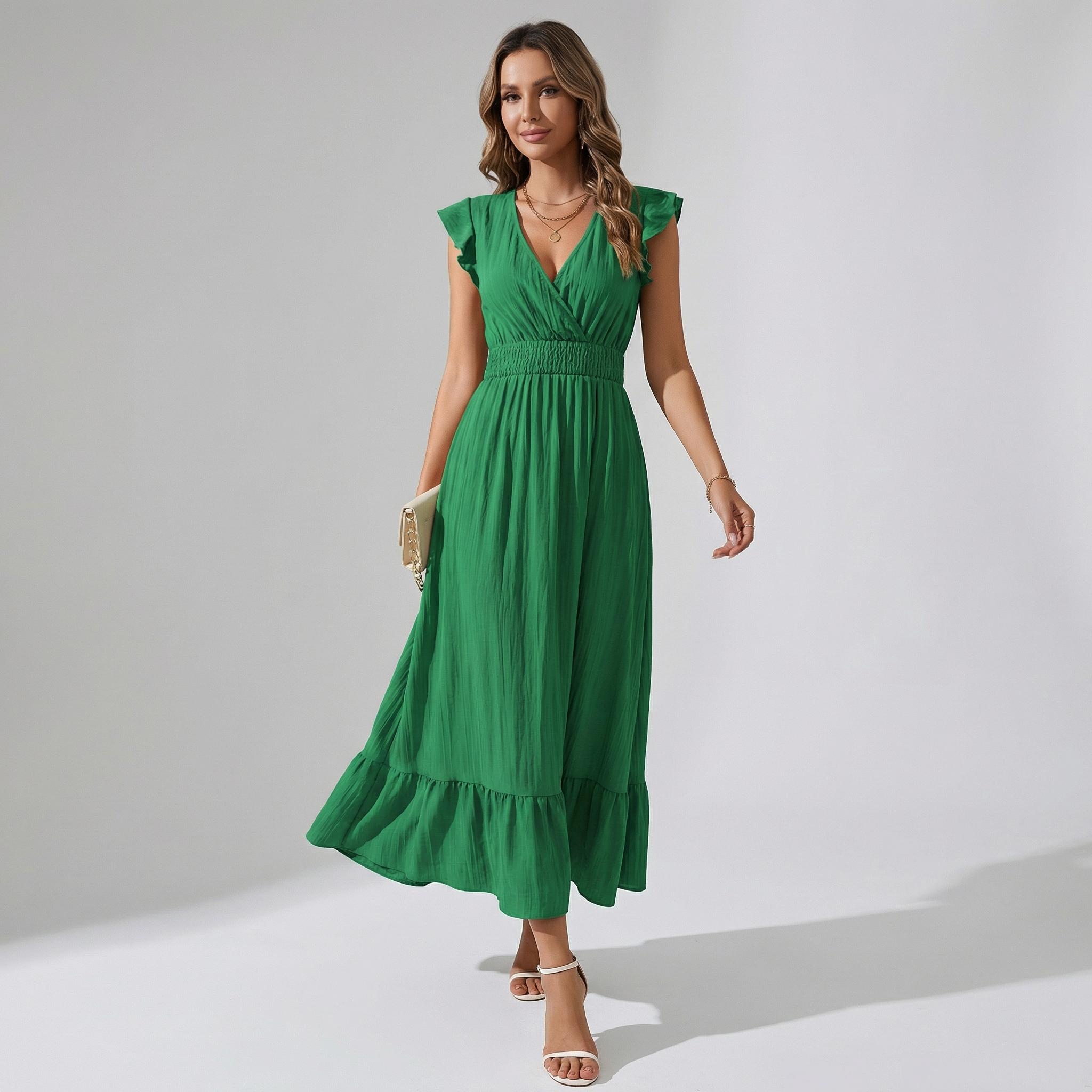 Women’s V-Neck Midi Dress – Shirred Waist Elegant Summer Fit