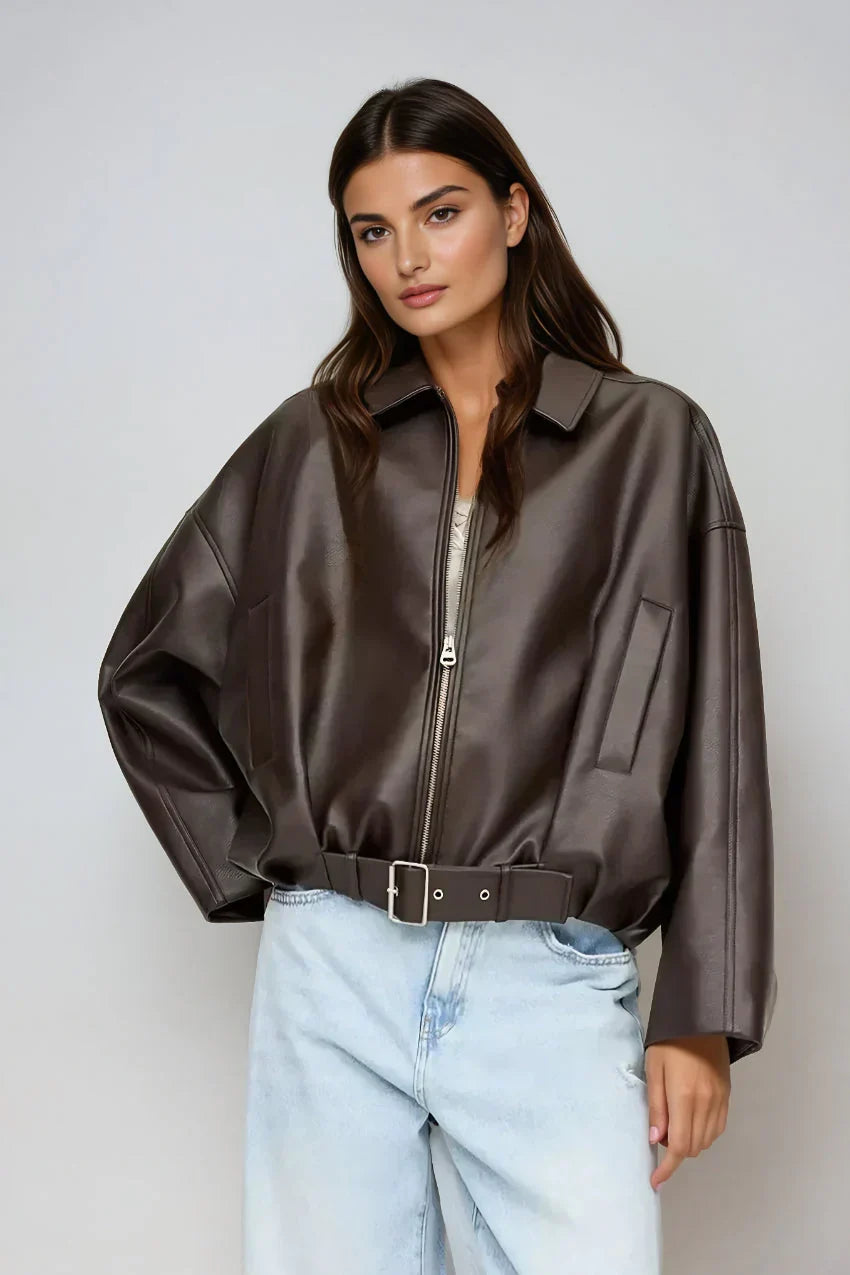 Women's Leather Elegant Jacket – Timeless Oversized Design