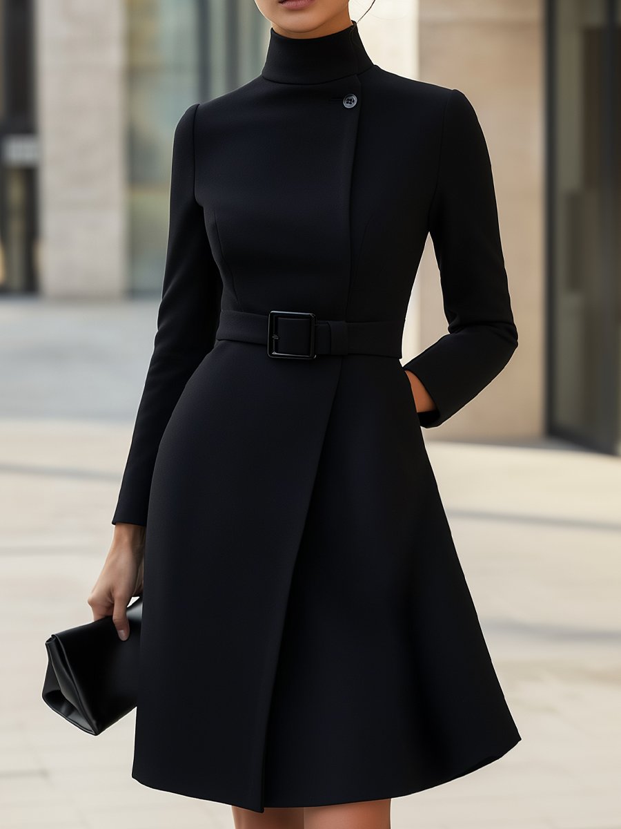 Women's Elegant High Neck Dress – Belted A-Line Style