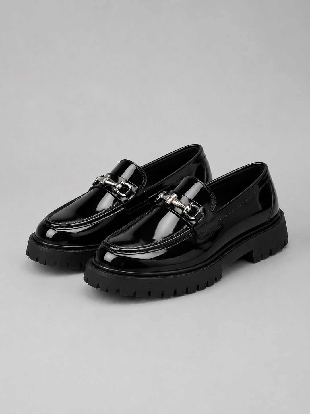 Men’s Chunky Sole Loafers – British Style Slip-On Shoes – Bright Black
