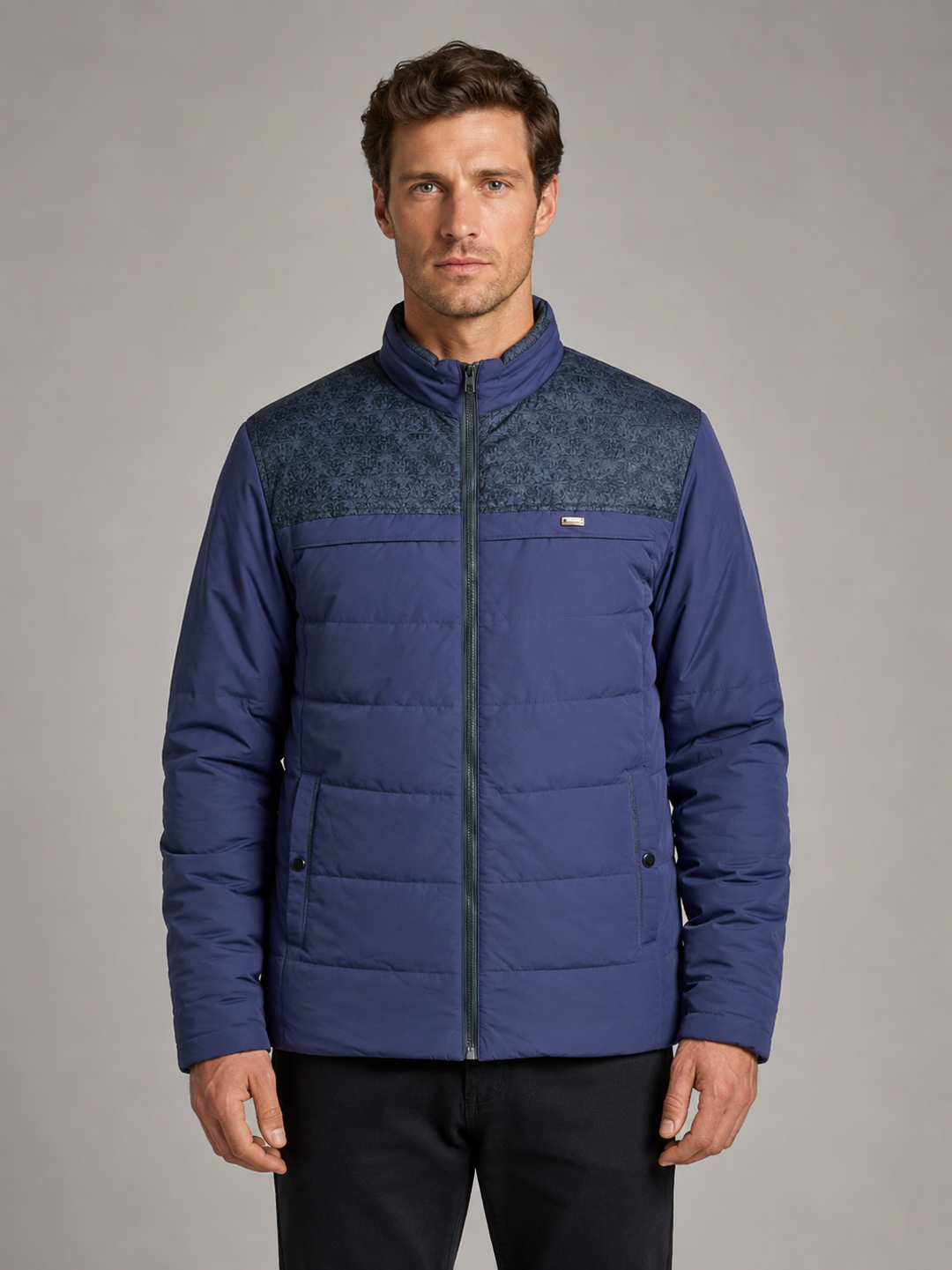 Men’s Fleece Lined Padded Jacket – Warm High Collar Winter Coat – Navy