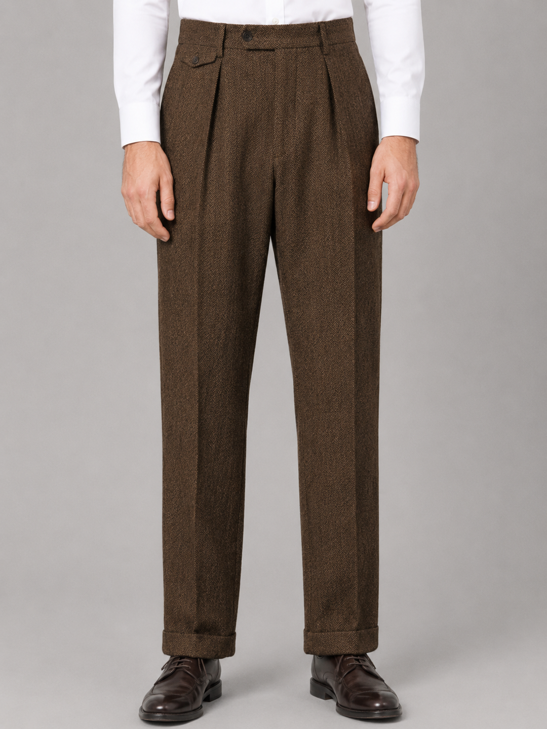 Men’s Herringbone Pleated Tailored Trousers – Straight Leg Smart Fit – Brown