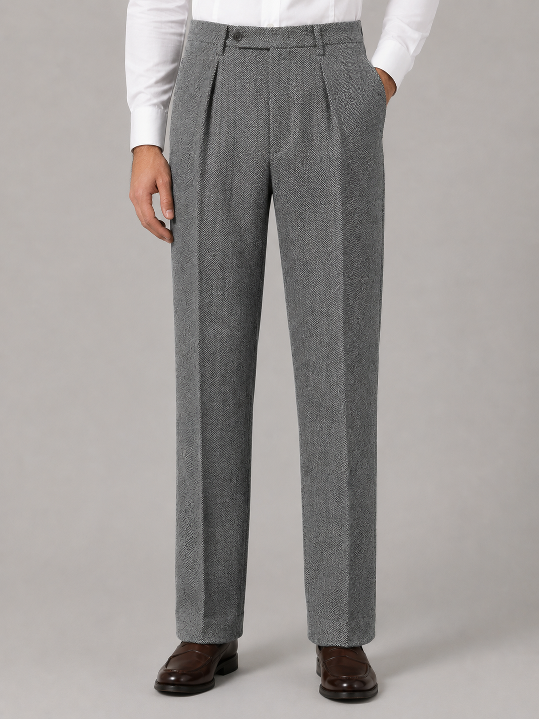 Men’s Herringbone Pleated Trousers – Straight Leg Tailored Fit – Grey
