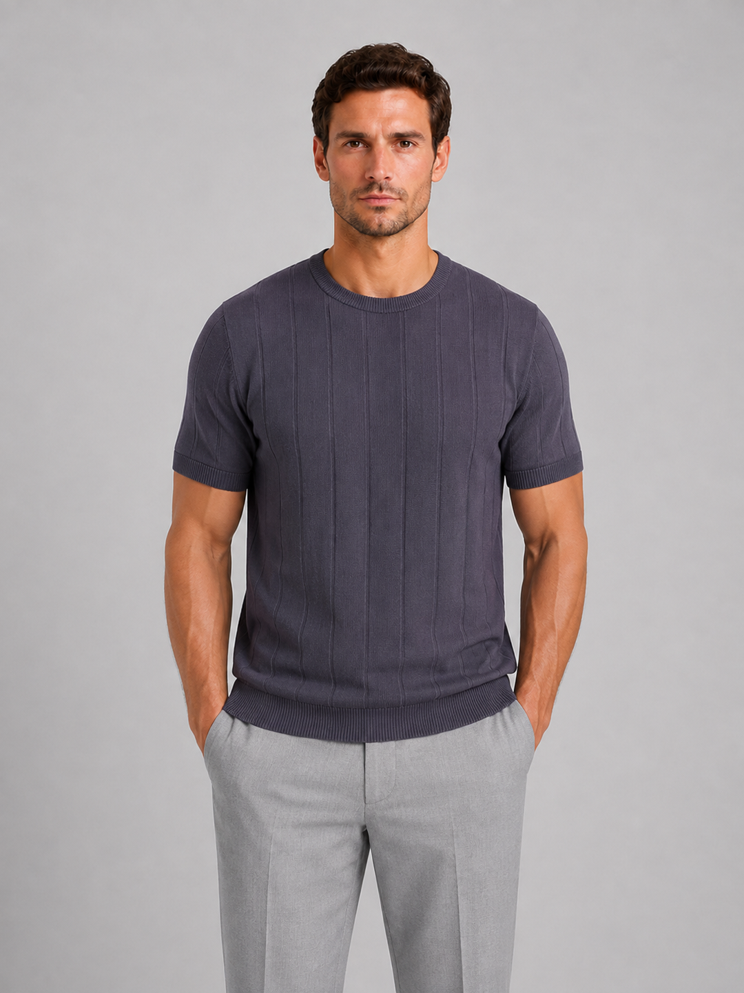 Men’s Knitted T-Shirt – Short Sleeve Crew Neck Shirt – Dark Grey