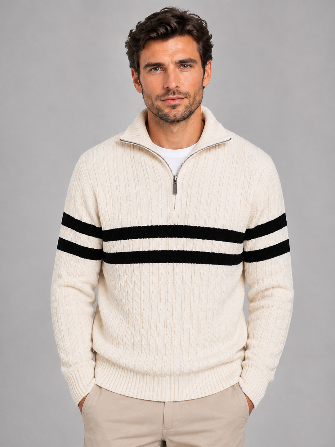 Men’s Wool-Blend Cable Knit Half-Zip Jumper – Striped High Neck Pullover – Cream