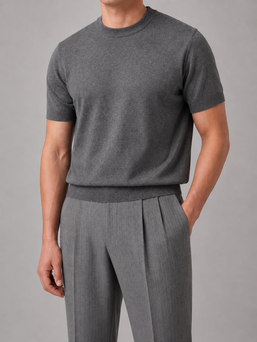 Men's Casual Short Sleeve Knit T-Shirt – Crew Neck Fine Knit Top – Dark Grey