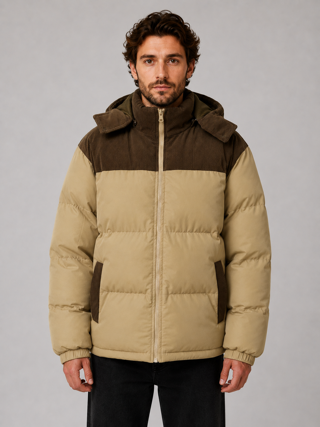 Men's Hooded Corduroy Puffer Jacket – Warm Quilted Winter Coat – Khaki