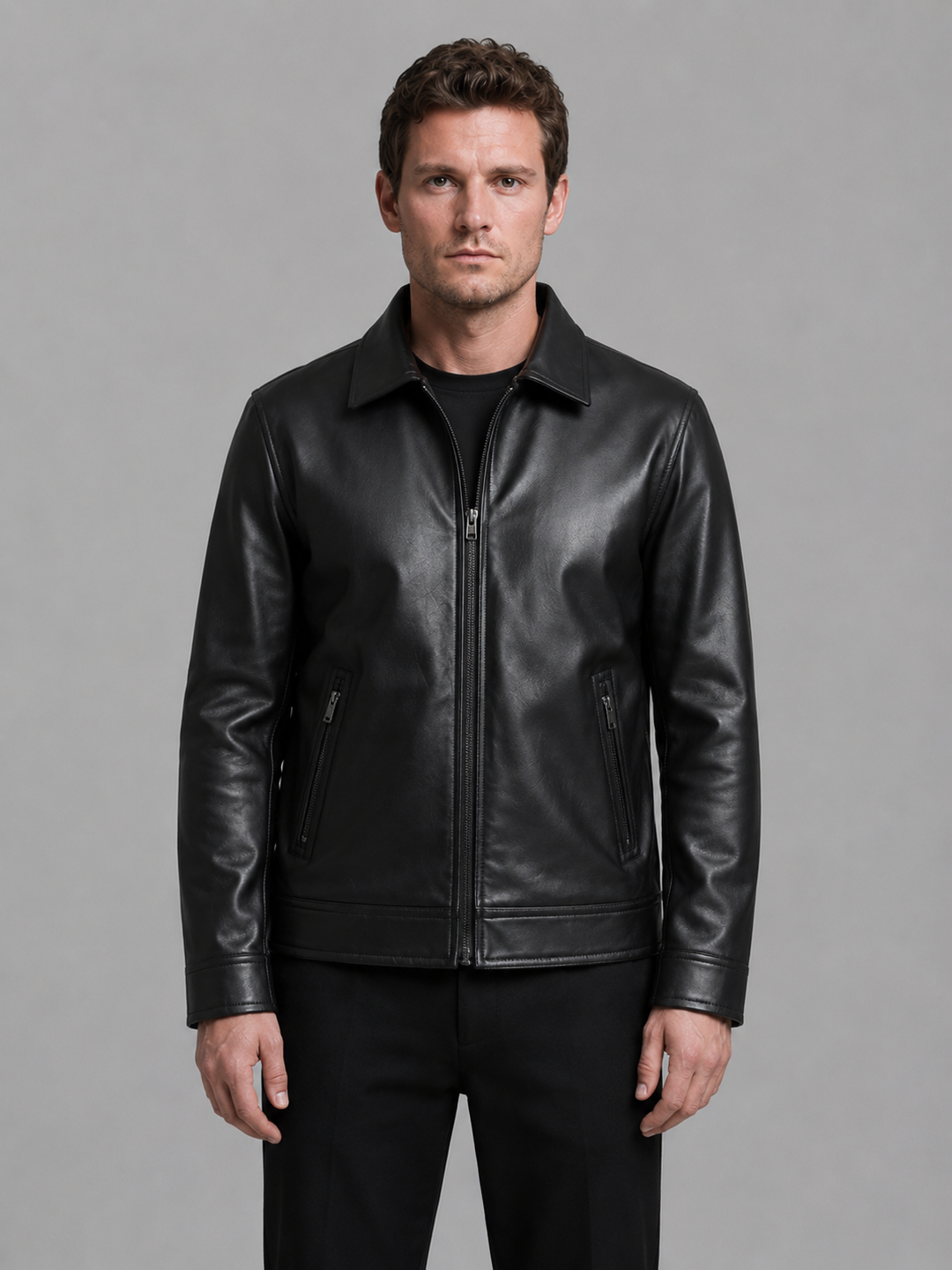 Men's Leather Look Jacket with Zip Pockets – Classic Regular Fit – Black