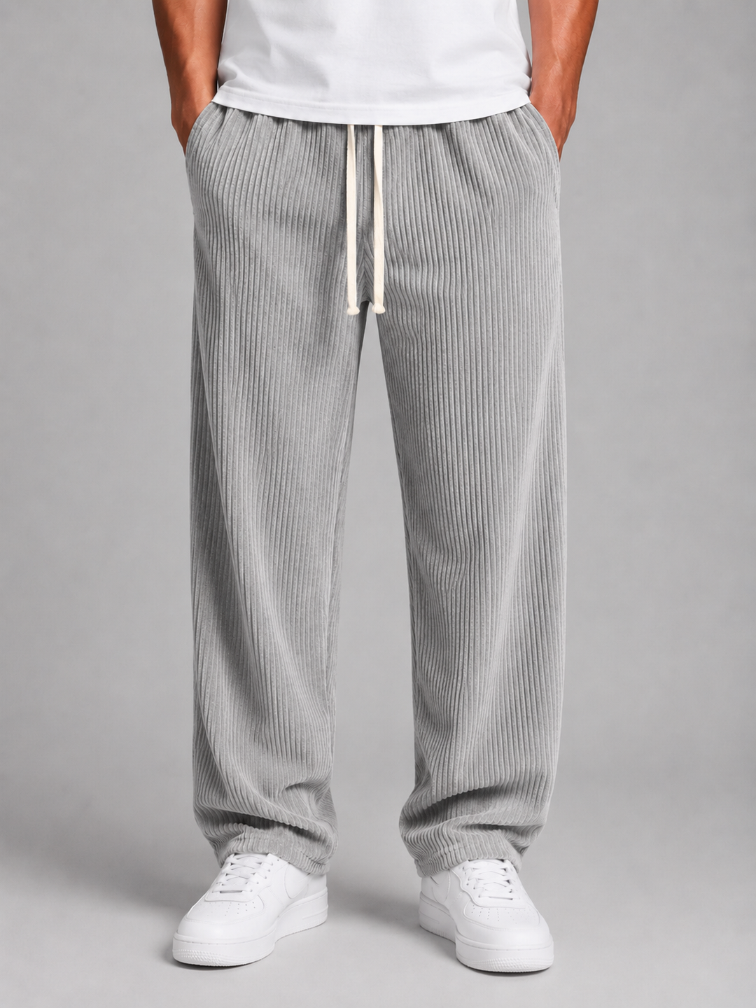 Men's Relaxed Fit Corduroy Trousers – Drawstring Wide Leg – Grey