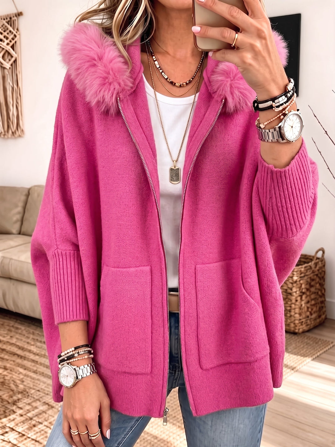 Women's Hooded Knitted Jacket – Warm Denim Design