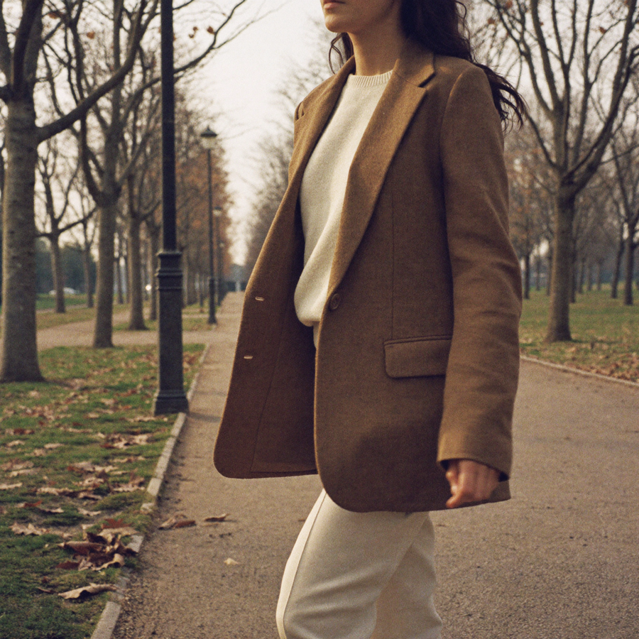 Customer in a brown tweed blazer walking an autumn park avenue