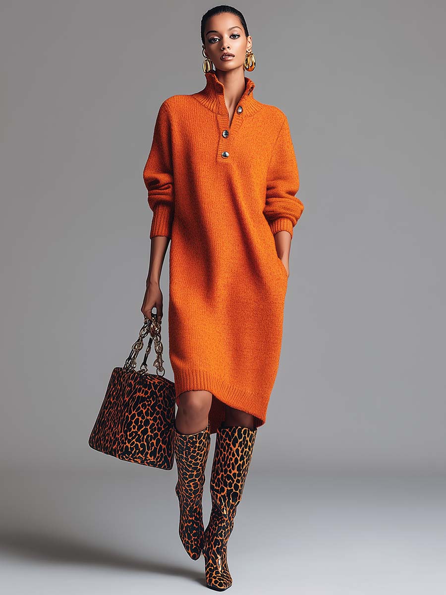 Women's Button-Front Warm Dress – Knitted Midi Style
