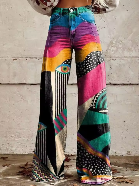 Women's Denim Bohemian Jeans – Flowing Printed Design in Multicolour