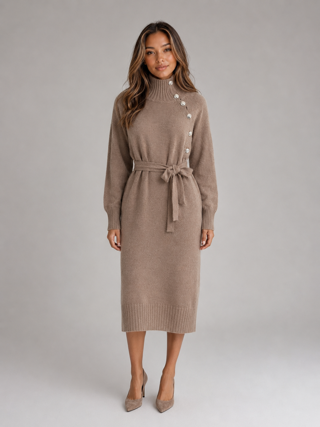 Women’s Cotton Knitted Midi Dress – Roll Neck Belted Jumper Dress – Khaki