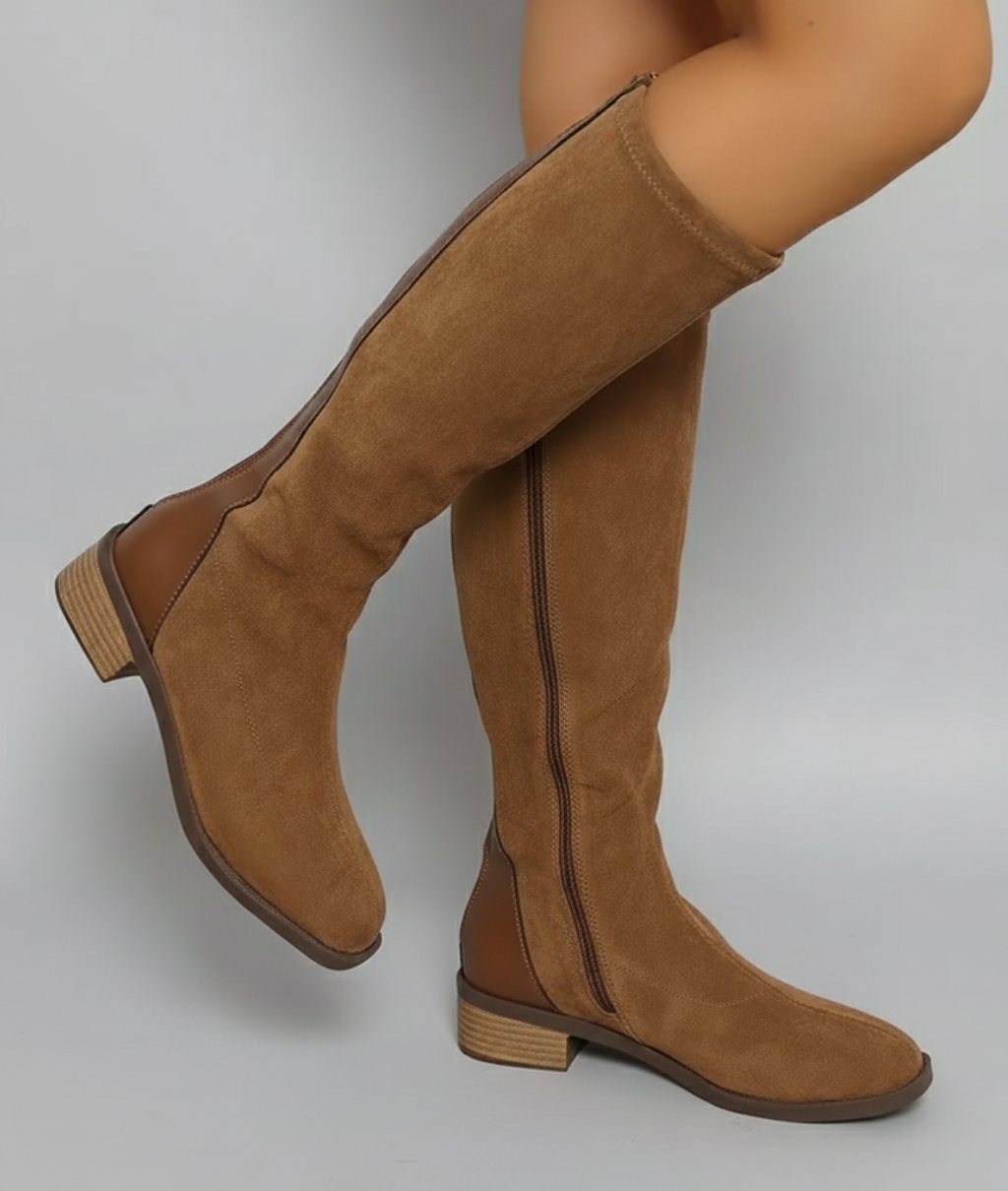 Women’s Knee-High Boots – Suede Look Classic Block Heel Style – Light Brown