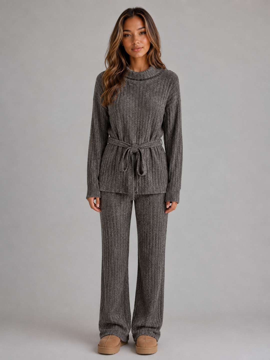 Women’s Knitted Two-Piece Set – Roll Neck Jumper & Wide Leg Trousers Outfit – Grey
