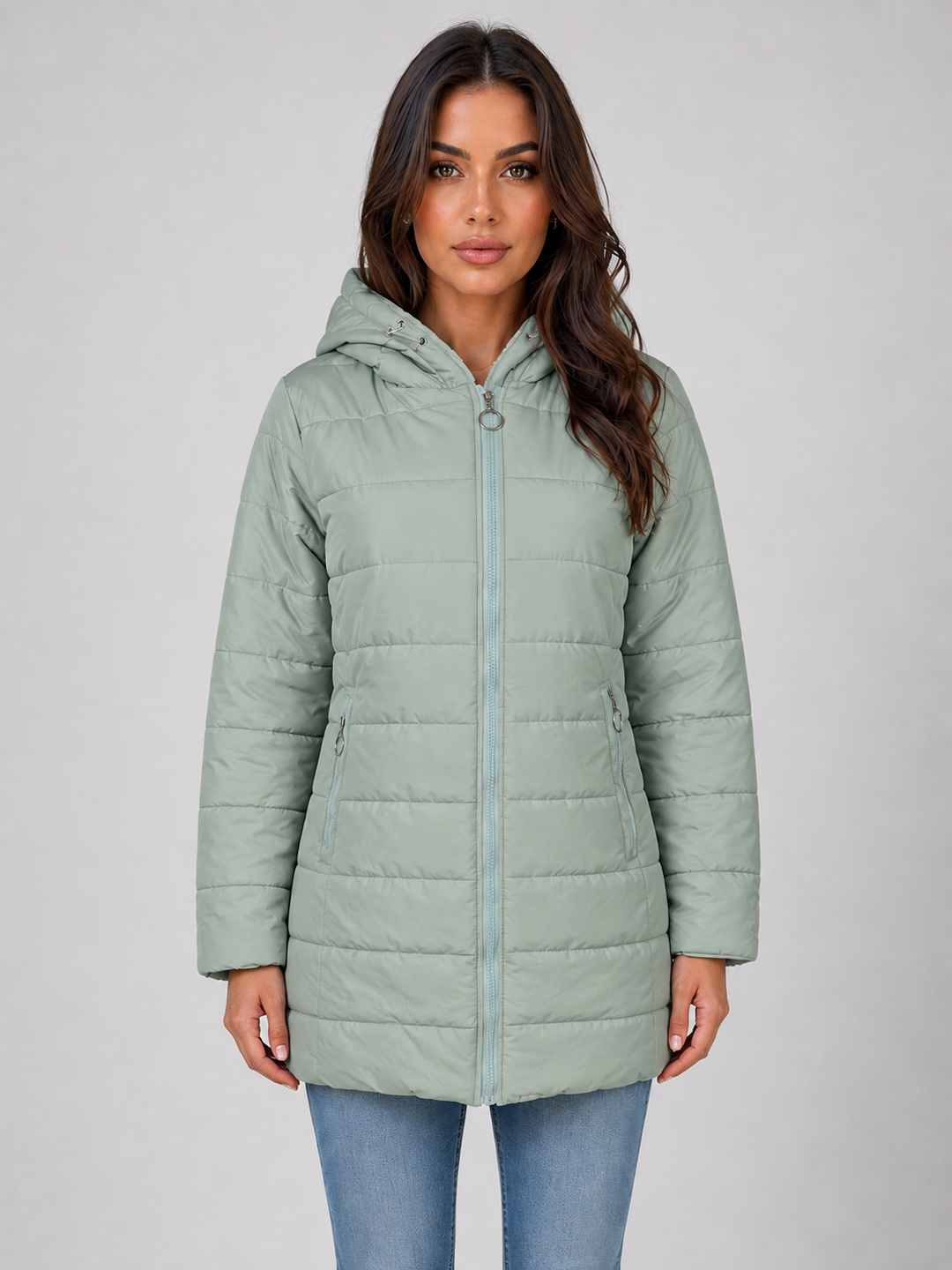 Women’s Longline Quilted Puffer Coat – Hooded Fleece-Lined Winter Jacket – Light Green
