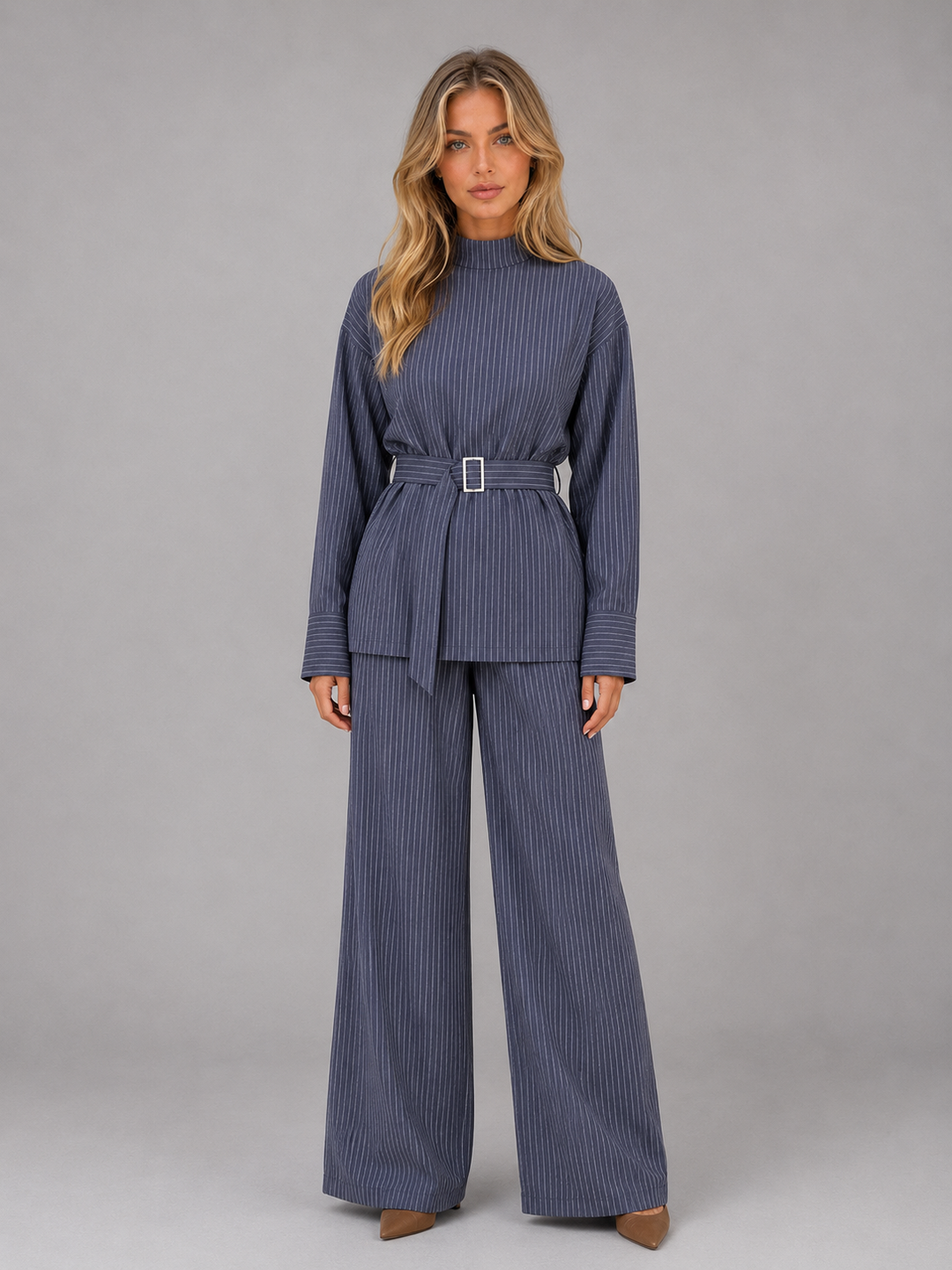Women’s Pinstripe Two-Piece Set – High Neck Top & Wide Leg Trousers – Blue