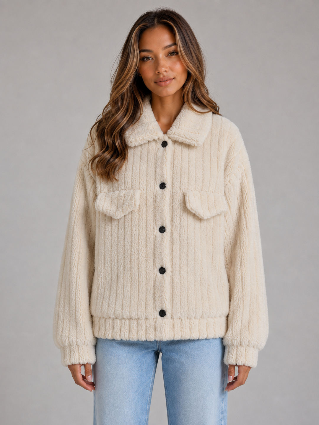 Women’s Plush Teddy Jacket – Button-Up Collared Fleece Cardigan – Cream