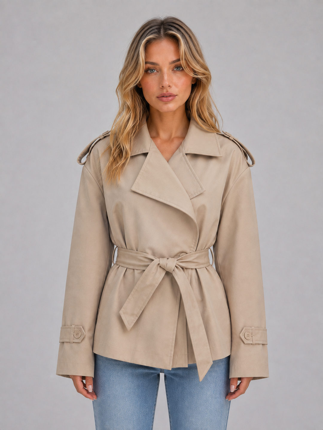 Women’s Short Trench Coat – Belted Double Breasted Jacket – Beige