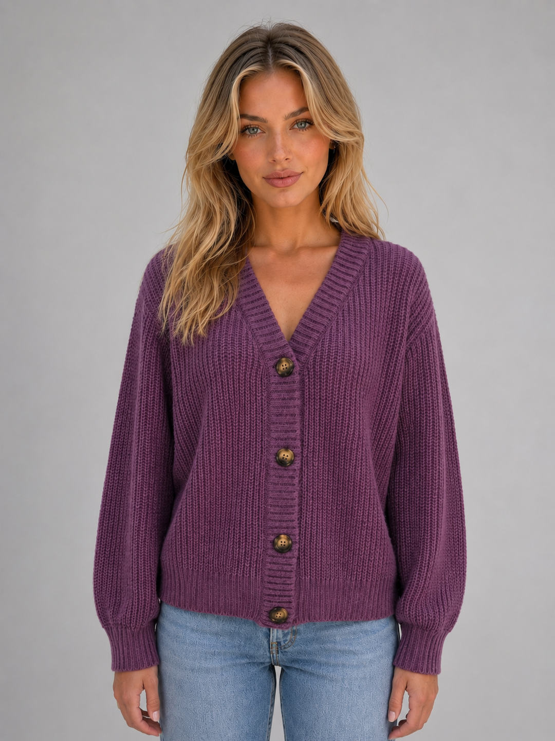 Women's Chunky Knit Cardigan – Button Front V-Neck Soft Ribbed Jumper – Purple