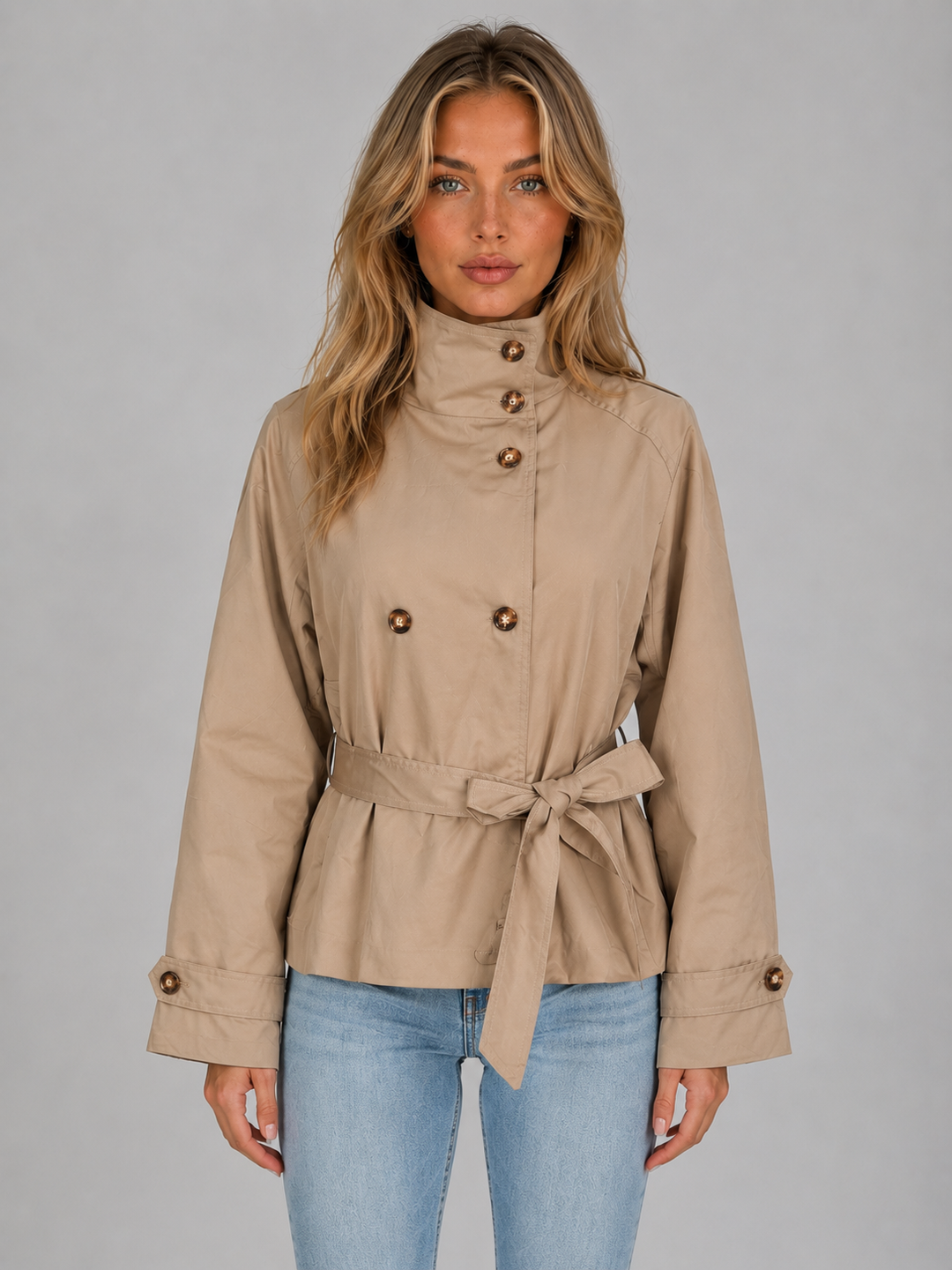 Women's Cropped Trench Jacket – Belted Double Breasted Coat – Beige