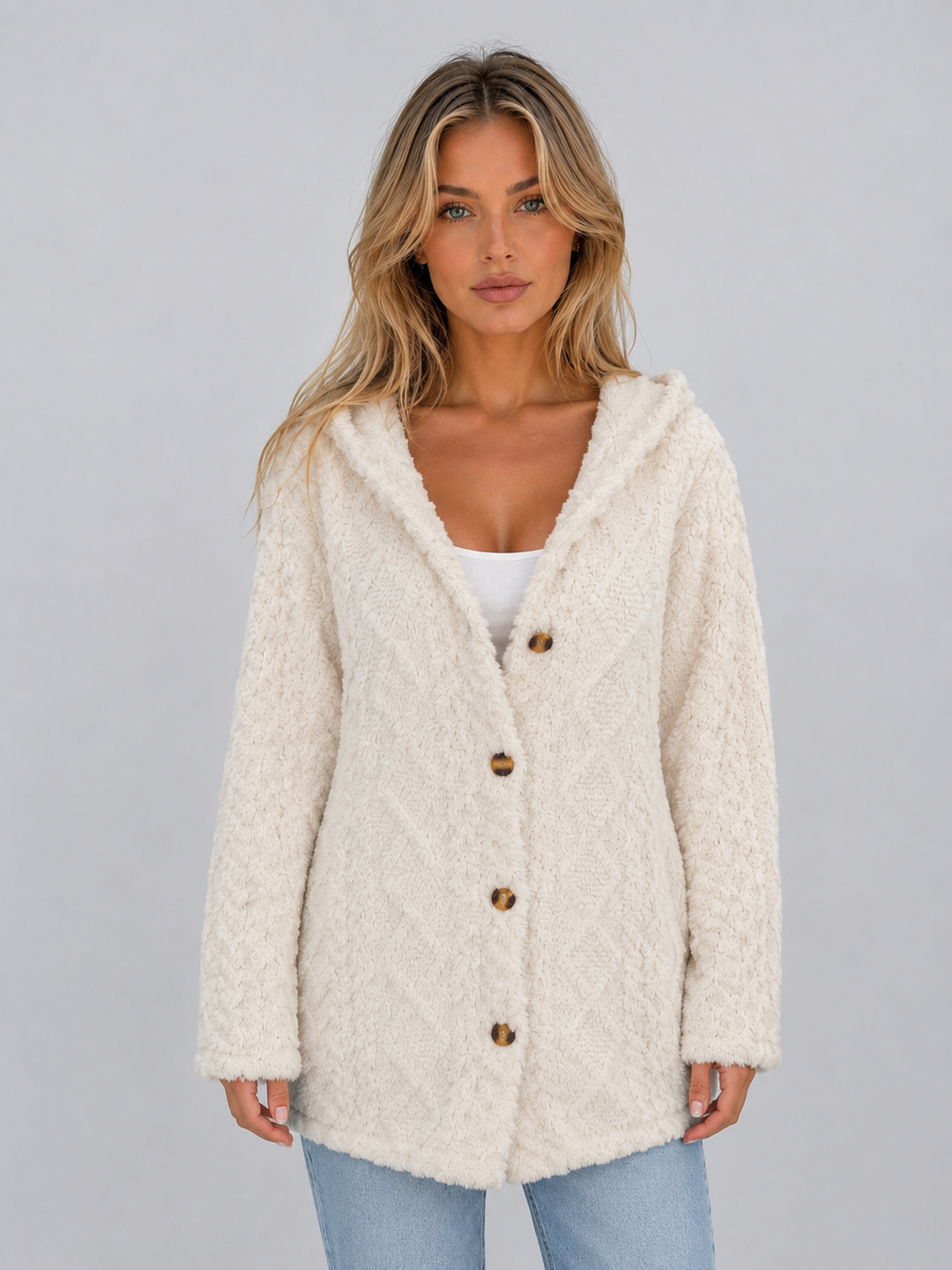 Women's Hooded Teddy Fleece Cardigan – Soft Plush Button Jacket – Cream