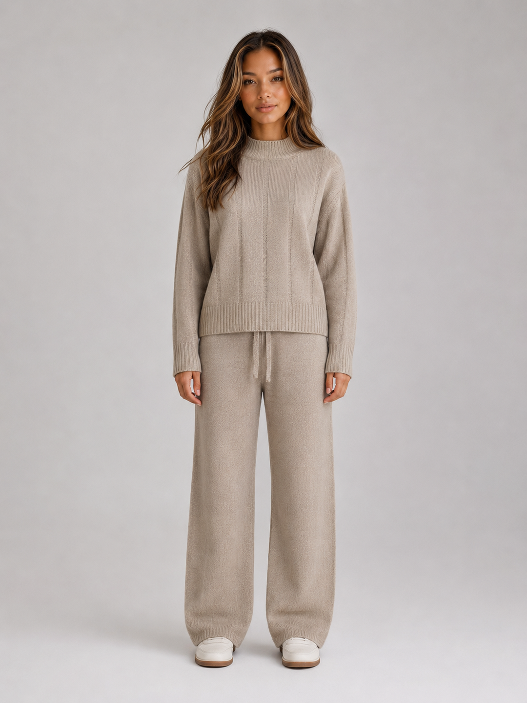 Women's Knitted Lounge Set – Relaxed Two Piece Co-Ord – Beige