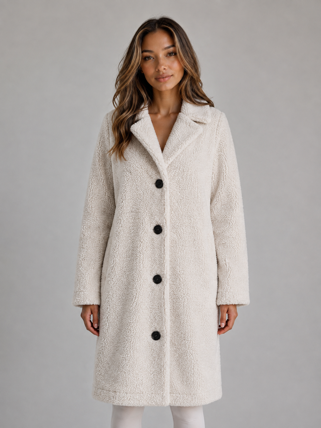 Women's Long Teddy Fleece Coat – Button Front Borg Jacket – White