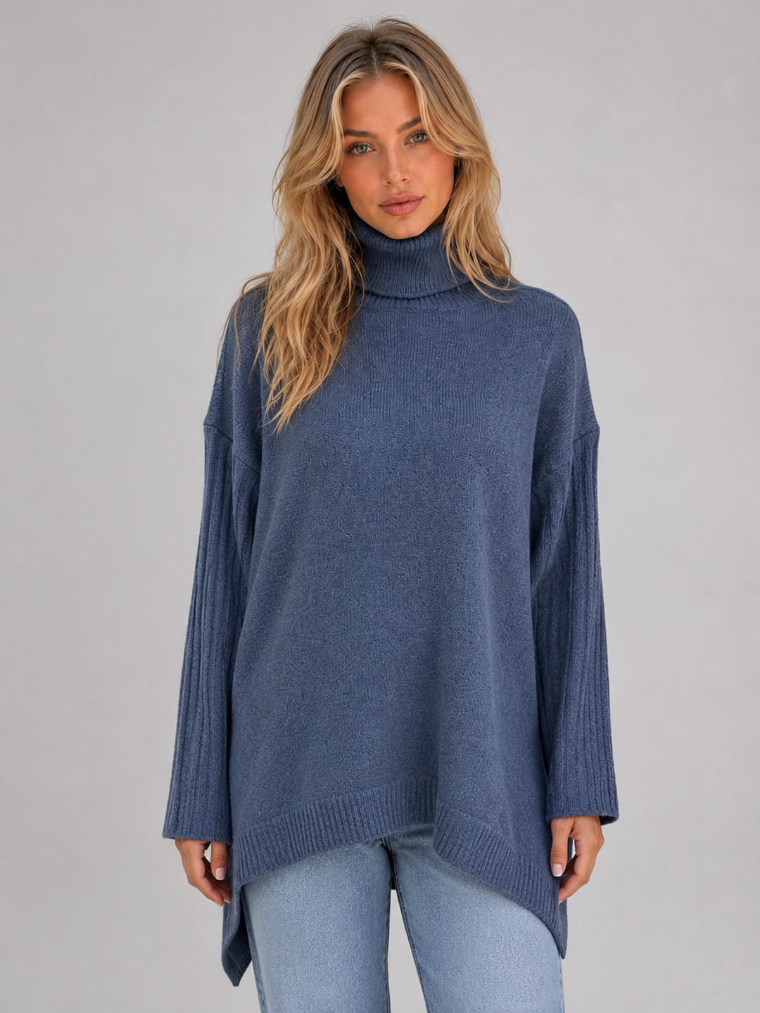Women's Roll Neck Oversized Jumper – Soft Knit Longline Sweater – Blue