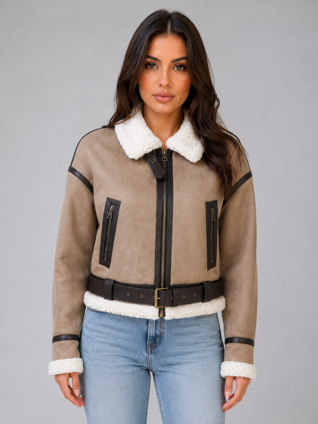 Women's Suede Look Cropped Aviator Jacket – Teddy Lined Biker Coat – Khaki