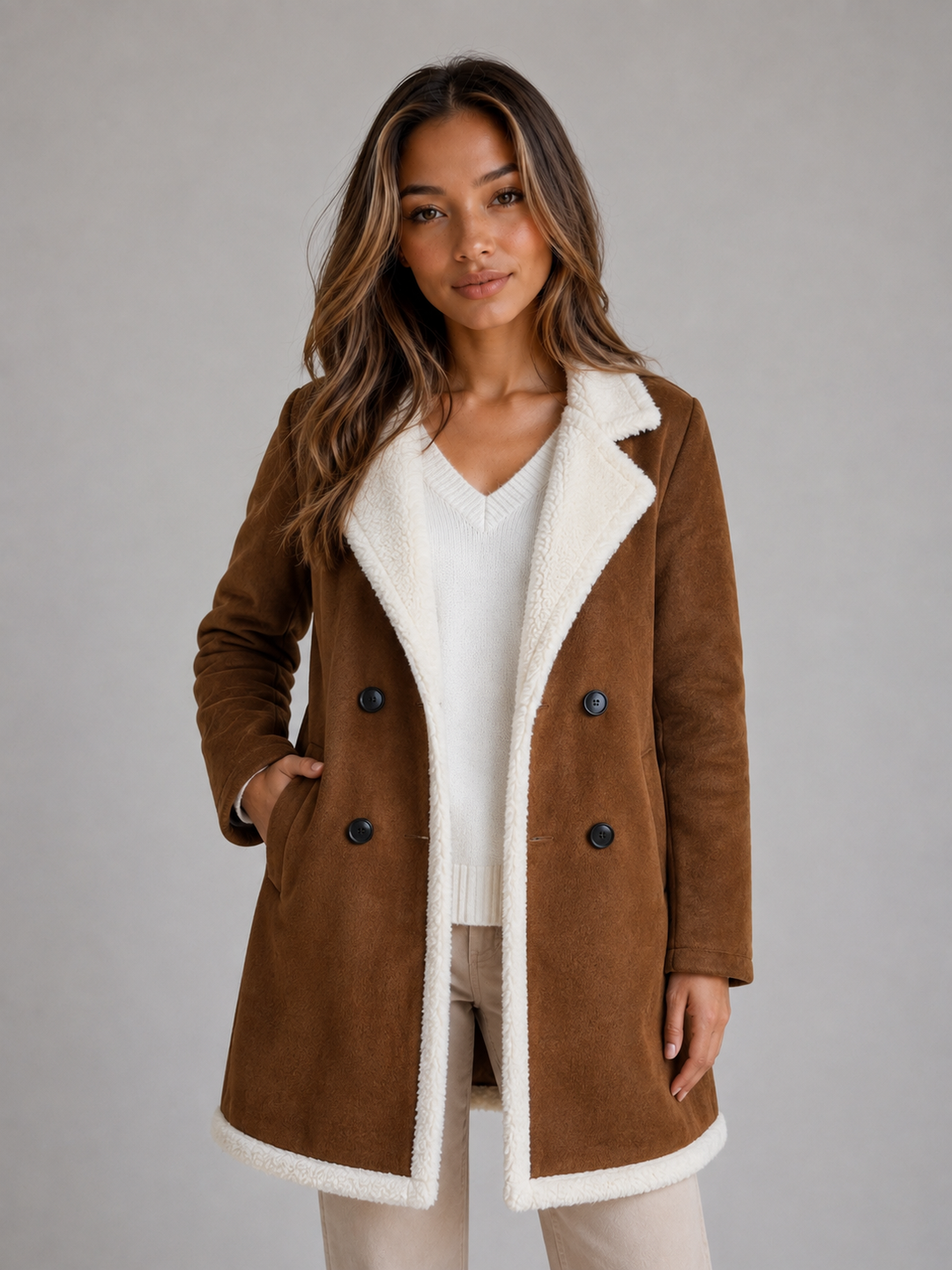 Women’s Suede-Look Coat – Longline Shearling-Style Teddy Trim Jacket – Brown